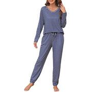 Wikoan Pyjama Femme Coton Pyjama à Manches Longues Ensembles de Pyjama Hiver Col V 2 Pièces Vêtements de Nuit à Rayé Pyjama Femmes Long Bleu Foncé+Blanc M