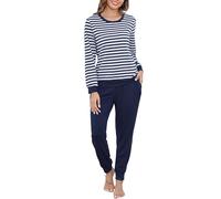Wikoan Pyjama Femme Hiver Chaud Ensemble de Pyjama en Coton Vêtements de Nuit Femme Rayé Haut Manche Longue et Bas de Pyjama à Couleur Unie Bleu Marine S