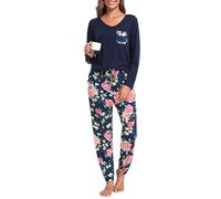 Wikoan Pyjama Femme Hiver Coton Ensembles de Pyjama Manches Longues Doux Pyjamas 2 Pièces Vêtement d'Intérieur Pantalon Bleu Marine/Fleur M