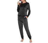 Wikoan Pyjama Femme Hiver Polaire Ensembles de Pyjama Long pour Femme 2 Pièces Combinaison Pyjama Chaud et Doux Vêtements de Nuit Noir XL