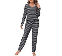 Wikoan Pyjama Hiver Femme Coton Ensembles de Pyjama à Manche Longue Col en V Vêtements de Nuit à Rayé 2 Pièces Pyjama Femmes Chaud Long Noir+Blanc M