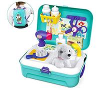 Wilafury Ensemble de Jeu de rôle pour Soins des Animaux domestiques, Ensemble Jeux rôle pour Soins des Animaux Compagnie, Jouets toilettage, Alimentation du Chien, Sac à Dos, kit vétérinaire