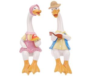 Wilafury Statue de Canard Ornements de Jardin, 1 Paire Figurines Canard Couple Assis avec des Tenues, Sculpture Mignonne d'amoureux en résine pour intérieur et extérieur, Cour, pelouse, Maison