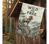 Wild And Free Bighorn Sheep Drapeau rustique pour maison 71 x 101 cm | Illustration de mouton d'Amérique, drapeau de cour, paysage de montagne, typographie rustique, thème aventure en plein air