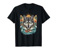 Wild Beach Wolf Planche de Surf Motif Vagues et Coucher de Soleil T-Shirt