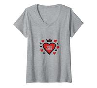 Wild Card Queen of Hearts Poker Casino Gambler Royal T-Shirt avec Col en V, Femme, Gris Chiné, XL