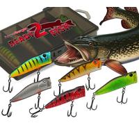 Wild Devil Baits Ready2Fish Wobbler Set Popper in Box Topwater Hardbaits pour brochet, sandre, perche, appâts de surface avec boîte à leurres artificiels