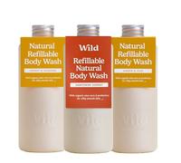 Wild - Gel Douche Naturel Rechargeable 300ml - Lot de 3 Gels Douche Rechargeables aux Parfums Différents - Honey & Almond, Amber & Oud et Santorini Sunset
