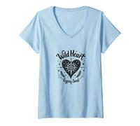 Wild Heart Gypsy Soul Bohemian Spirit Celestial T-Shirt avec Col en V, Femme, Bleu Céleste, L