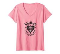 Wild Heart Gypsy Soul Bohemian Spirit Celestial T-Shirt avec Col en V, Femme, Rose, XXL