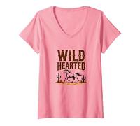 Wild Hearted Cowgirls Western Spirit Cheval du désert Rustique T-Shirt avec Col en V, Femme, Rose, XXL