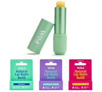 Wild Kit de démarrage de baume à lèvres naturel rechargeable - Comprend un étui en aluminium vert sauge et un lot de 3 recharges de baume à lèvres aux parfums variés - Sans cire d’abeille