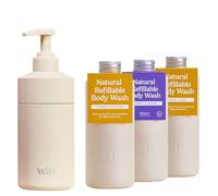 Wild Kit de Gel Douche Rechargeable Wild - Boîtier en Aluminium Ivoire et Lot de 3 Recharges aux Parfums Variés - 95% d'Ingrédients Naturels - Coconut & Vanilla, Honey & Almond and Amber & Oud