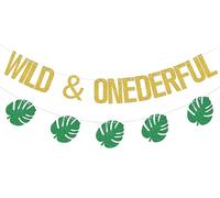 Wild & Onederful Bannière décorative pour 1er anniversaire Motif animaux de la jungle Feuilles de palmier 1er anniversaire Fournitures de fête prénatale Doré Vert pailleté