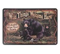 Wild Things Plaque en métal vintage avec ours dans la forêt Welcome Here Please Wipe Your Paws pour cafés, bars, pubs, boutiques, 20,3 x 30,5 cm