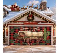 Wild West Housse de porte de garage couverte Motif chariot de Noël 397 x | Thème occidental, décorations de porte de garage, cactus Saguaro, motif écossais de buffle, décoration saisonnière d'hiver