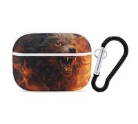 Wild Wolf in The Fire Coque rigide de protection complète contre les chutes avec porte-clés compatible avec AirPod Pro 2e/1ère génération, LED avant visible, blanc