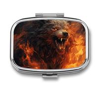 Wild Wolf in the Fire Pilulier à 2 compartiments pour médicaments portable pour poche ou sac à main Organiseur décoratif en métal pour médicaments et vitamines
