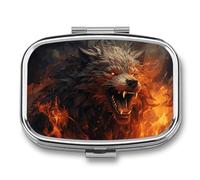 Wild Wolf in the Fire Pilulier avec 2 compartiments en métal portable pour sac à main et voyage Pilulier compact et suppléments d'huile de poisson vitamines