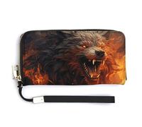 Wild Wolf In The Fire Portefeuille en cuir avec fermeture éclair sur le pourtour pour femme avec porte-cartes de crédit 20 x 10,5 cm, Style :, 20.0*10.5cm