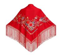 Wildarms Châle de Sévillane brodé avec franges pour flamenco foire costume de danse traditionnelle femme, Rouge à fleurs, XL