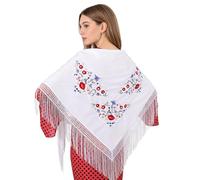 Wildarms Châle sévillano avec broderies florales, châle de flamenco pour danse, foire d'avril, fête et événements traditionnels espagnols, blanc, L (150x70cm)