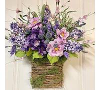 Wildflowers Couronne de printemps à suspendre pour porte d'entrée, guirlande de fleurs sauvages artificielles, panneau de bienvenue, décoration d'intérieur de Pâques, porche, ferme, violet
