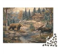 Wildlife Cabin Casse-tête 1000 Pièces avec Clic Parfait, Puzzle d'art Forest Bear Deerénigme De Compétence Logique pour Une Activité Zen, Puzzle Cadeau d'anniversaire 38x26cm/1000