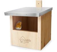 WILDLIFE HOME Nichoir à oiseaux pour rouge-gorge, troglodyte et demi-caverne avec toit en métal I selon NABU en bois massif vissé I résistant aux intempéries et non traité I Nichoir à oiseaux