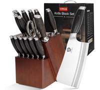 WILDMOK Ensemble de blocs de couteaux de cuisine, ensemble de couteaux de 17 pièces avec bloc de bois allemand en acier allemand couteaux de cuisine avec hachoir à os, boîte cadeau