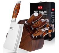 WILDMOK Ensemble de couteaux 9pc, ensemble de couteaux de cuisine en acier allemand avec un os haché, poignée de Pakkawood précieuse pour le bloc de couteau de Chef