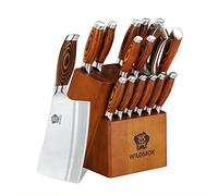 WILDMOK Ensemble de couteaux, bloc de couteaux, avec bloc de manche en bois, couteau de cuisine allemand en acier inoxydable, hachoir à os, ensemble de couteaux professionnels de 17 pièces