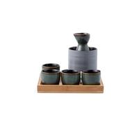 WildOath Service à saké japonais avec plateau en bambou, 7 pièces en céramique, glaçure bleu-gris, comprend 4 tasses, flasque, réchauffeur, coffret cadeau (gris)