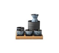 WildOath Service à saké japonais avec plateau en bambou, 7 pièces en céramique, glaçure bleu-gris, comprend 4 tasses, flasque, réchauffeur, coffret cadeau (vert)