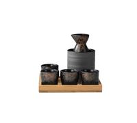 WildOath Service à saké japonais avec plateau en bambou, 7 pièces en céramique, glaçure bleu-gris, comprend 4 tasses, flasque, réchauffeur, coffret cadeau (jaune)