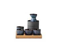 WildOath Service à saké japonais avec plateau en bambou, 7 pièces en céramique, glaçure bleu-gris, comprend 4 tasses, flasque, réchauffeur, coffret cadeau (bleu)