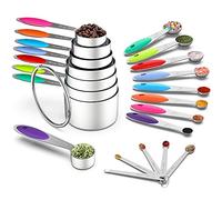 Wildone Lot de 21 tasses et cuillères à mesurer en acier inoxydable avec poignée colorée en silicone, 8 tasses gigognes en métal, 8 cuillères et 5 mini cuillères, pour ingrédients secs et liquides