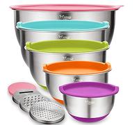 Wildone Lot de 5 bols mélangeurs avec couvercles en acier inoxydable colorés avec 3 accessoires de râpe, marques de mesure et fond antidérapant, taille 5, 3, 2, 1,5, 0,6 l, parfaits pour mélanger et
