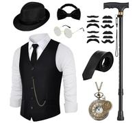 WILDPARTY Costume Homme Année 20 Accessoire, Gilet Noir, Béquilles Pliables, Montre de Poche, Chapeau Fedora, Costume de Gangster Mafieux pour Hommes, Cosplay de Carnaval d'Halloween