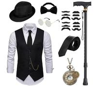 WILDPARTY Costume Homme Année 20 Accessoire, Gilet Noir, Béquilles Pliables, Montre de Poche, Chapeau Fedora, Costume de Gangster Mafieux pour Hommes, Cosplay de Carnaval d'Halloween