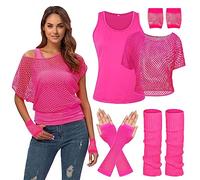 WILDPARTY Déguisement Année 80 90 Femme Fluo T-shirt Resille, Débardeur Jambières Gants en Maille Costume, Kit Annee 80 Femme Accessoires Carnaval Vêtements D'aérobic Fête Thème