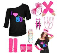 WILDPARTY Déguisement Année 80 Accessoire Femme, T-Shirt, Jambières, Bandeau, Boucle d'Oreille, Colliers, Gants Résille, Vêtements Années Tenu Année 80 90 s Thème Soirée Carnaval Femme Fille
