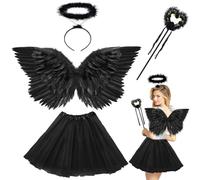 WILDPARTY Engel Teufel Kostüm Damen Schwarz, TUTU-Rock, Engelsflügel, Heiligenschein und Zauberstab, Engel Flüge Deko Kostüm, Halloween Kostüme Karneval Party Cosplay Erwachsenes Feenflügel