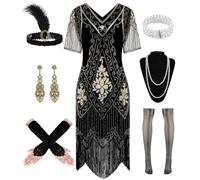 WILDPARTY Robe Annee 20 Femme Charleston Rugissante, Robe à Clapet avec Manches Fines Paillettes Perles Franges, Déguisement année 20 Gatsby Accessoire, Costume Mafieux Vintage Carnaval Femme