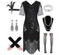 WILDPARTY Robe Annee 20 Femme Charleston Rugissante, Robe à Clapet avec Manches Fines Paillettes Perles Franges, Déguisement année 20 Gatsby Accessoire, Costume Mafieux Vintage Carnaval Femme