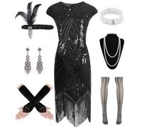 WILDPARTY Robe Annee 20 Femme, Déguisement année 20 Robe Charleston, Accessoire Années 20 Robe à Paillettes avec Perles et Franges Accessoire Vintage Mafia Bas Résille Sequins Costume Tenue