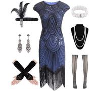 WILDPARTY Robe Annee 20 Femme, Déguisement année 20 Robe Charleston, Accessoire Années 20 Robe à Paillettes avec Perles et Franges Accessoire Vintage Mafia Bas Résille Sequins Costume Tenue