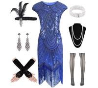 WILDPARTY Robe Annee 20 Femme, Déguisement année 20 Robe Charleston, Gatsby Accessoire Années 20 Robe à Paillettes Perles et Franges Accessoire Vintage Mafia Bas Résille Sequins Costume Tenue Bleu