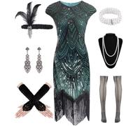 WILDPARTY Robe Annee 20 Femme,Déguisement Robe Charleston,Gatsby Accessoire Années 20 Robe à Paillettes Perles et Franges Accessoire Vintage Mafia Bas Résille Sequins Costume Tenue 3XL Noir Vert