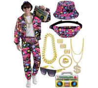 WILDPARTY Tenue Déguisement années 80 90 Homme, Survêtement avec Accessoires Gonflables Ghettoblaster, Sac Banane, Lunettes, Chapeau, Collier, Bracelet, Bague, pour Carnaval et Fêtes à Thème